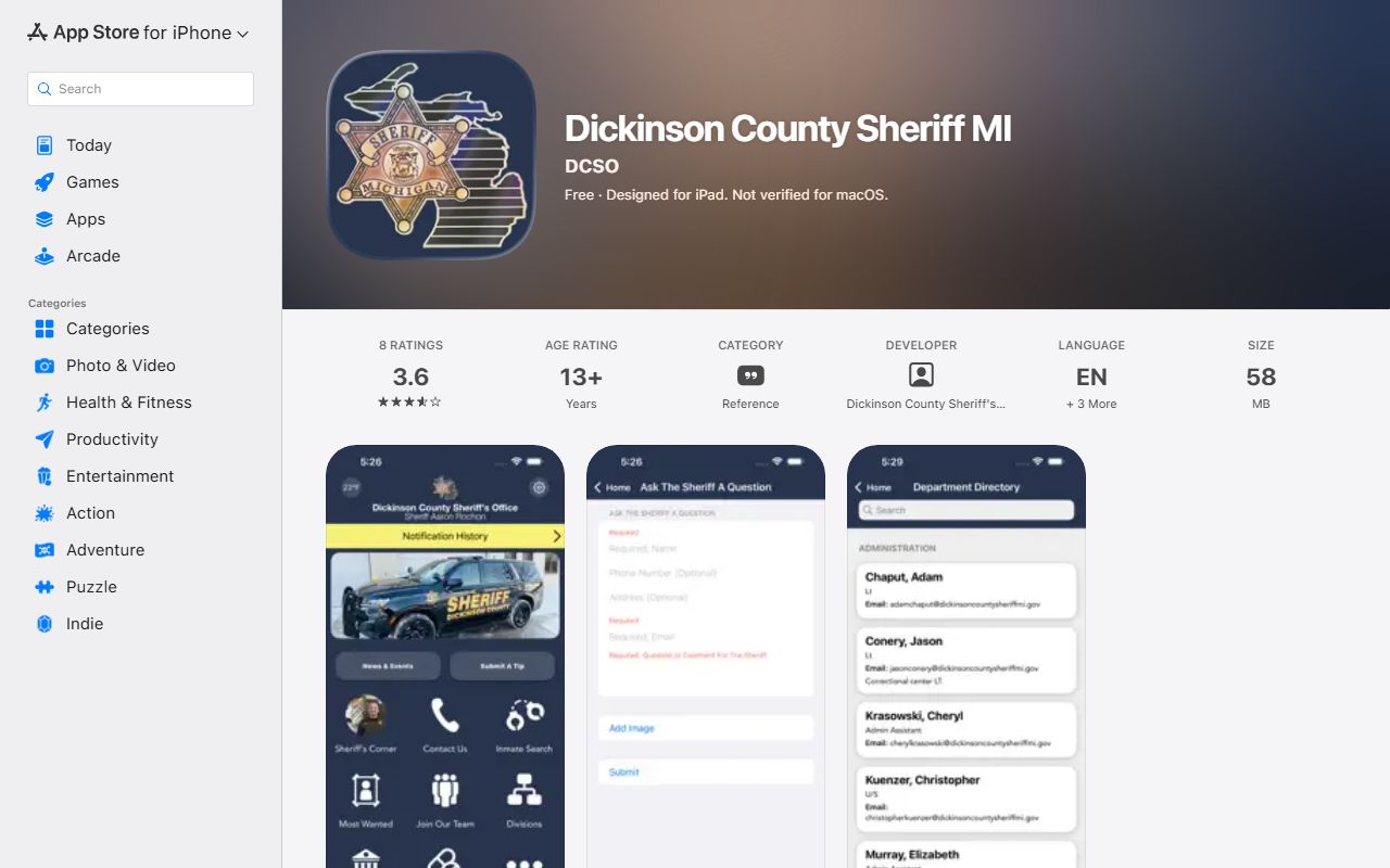 Dickinson County inmate records sheriff app Apple listing for jail lookup channel