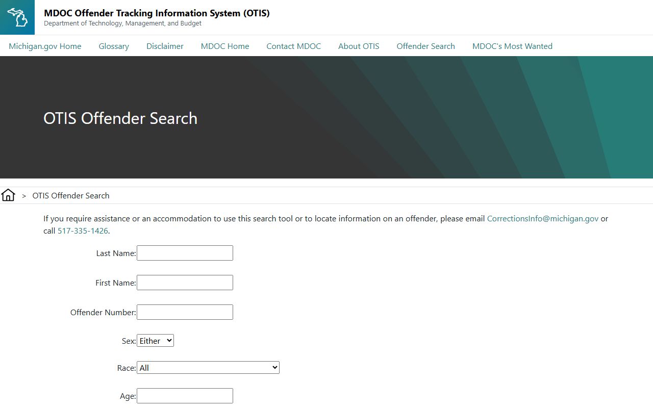 Dickinson County inmate records MDOC OTIS state search form
